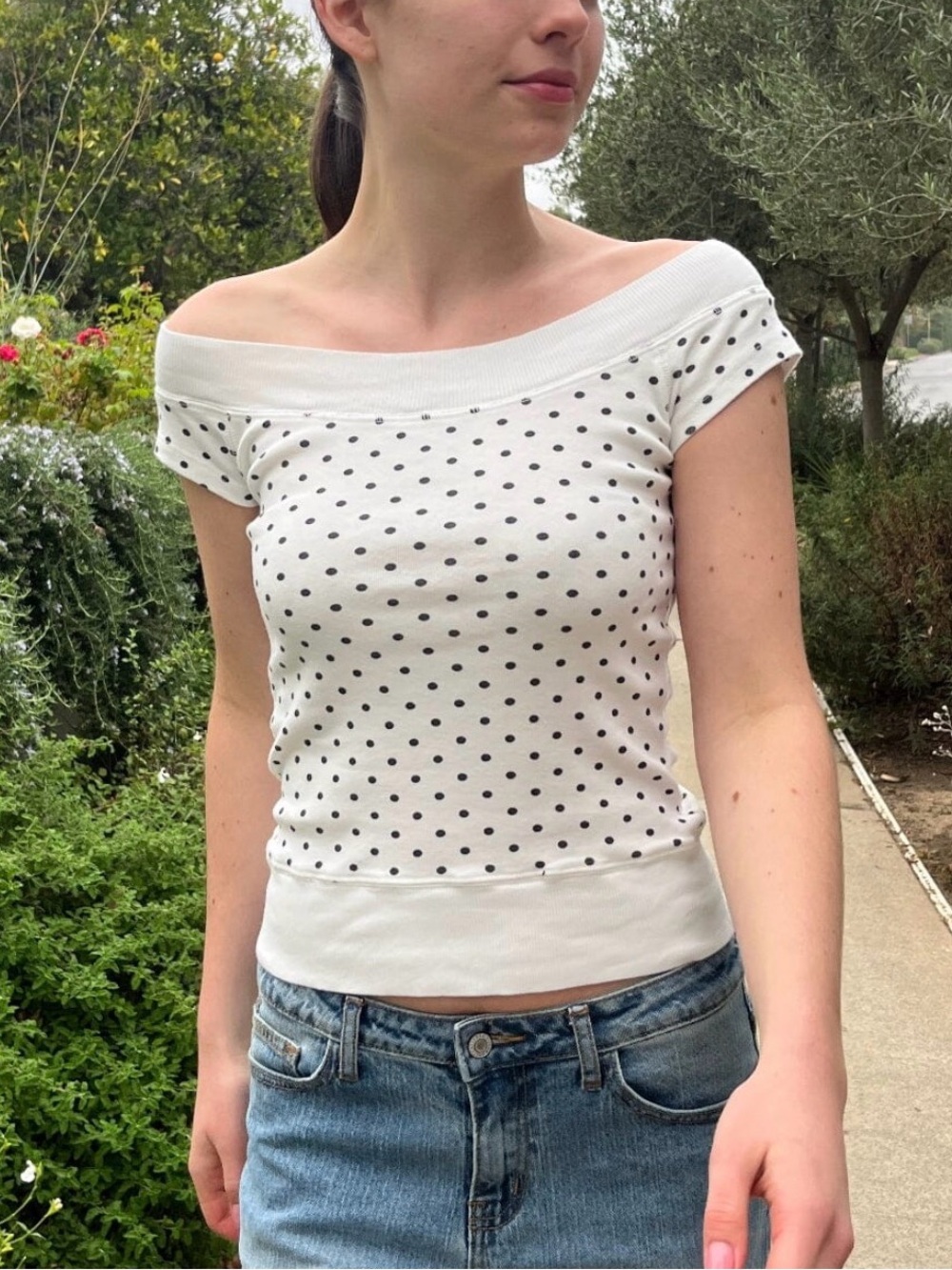 John Galt Ginny Polka Dot Off Shoulder Top White Black